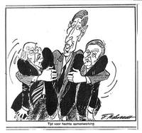 Behrendt in 'Het Parool' van 10 juli 1981 over de moeizame totstandkoming van het kabinet-Van Agt II; van links naar rechts: Den Uyl, Van Agt en Terlouw.