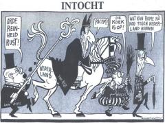 Rond de intocht van Sinterklaas in 1977 werd duidelijk dat er een CDA/VVD-kabinet zou komen. Van Riel (VVD-senator) is afgebeeld als burgemeester en Wiegel als zwarte piet. Voorop gaat Van der Grinten. (Opland in de Volkskrant, 19 november 1977)